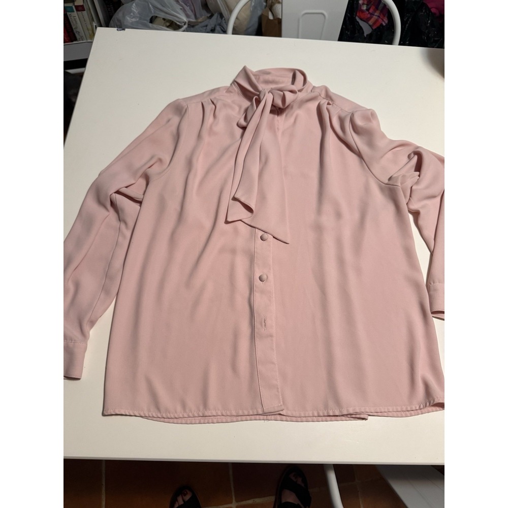 Preston & York Women's Pink Solid Tie Neck Button Front Woven Blouse 16